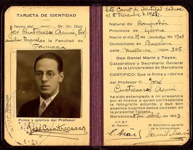 Tarjeta de identidad de José Cuatrecasas. Fondo José Cuatrecasas Arumí. Institut Botànic de Barcelona.