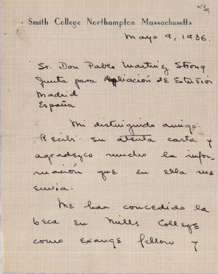 Solicitud de Marina Romero de ampliar los estudios con beca en el Mills College. Archivo JAE, JAE/127-470.