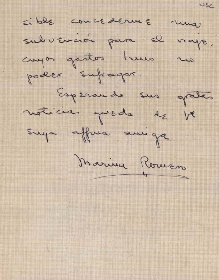 Solicitud de Marina Romero de ampliar los estudios con beca en el Mills College. Archivo JAE, JAE/127-470.
