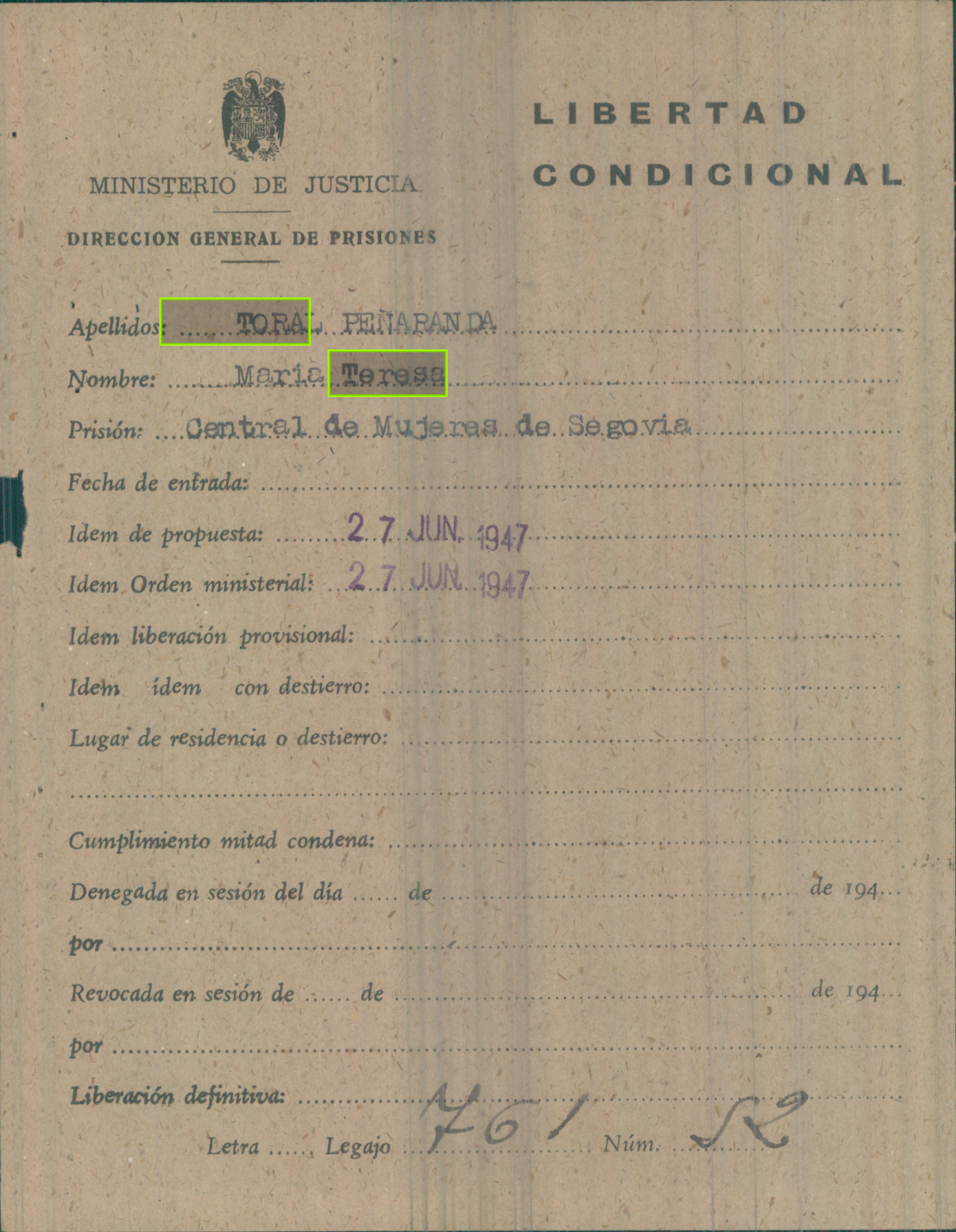 Propuestas de Libertad Condicional (1940-1965). Archivo General de la Administración.
AGA_LC_0016_0012_00528R
