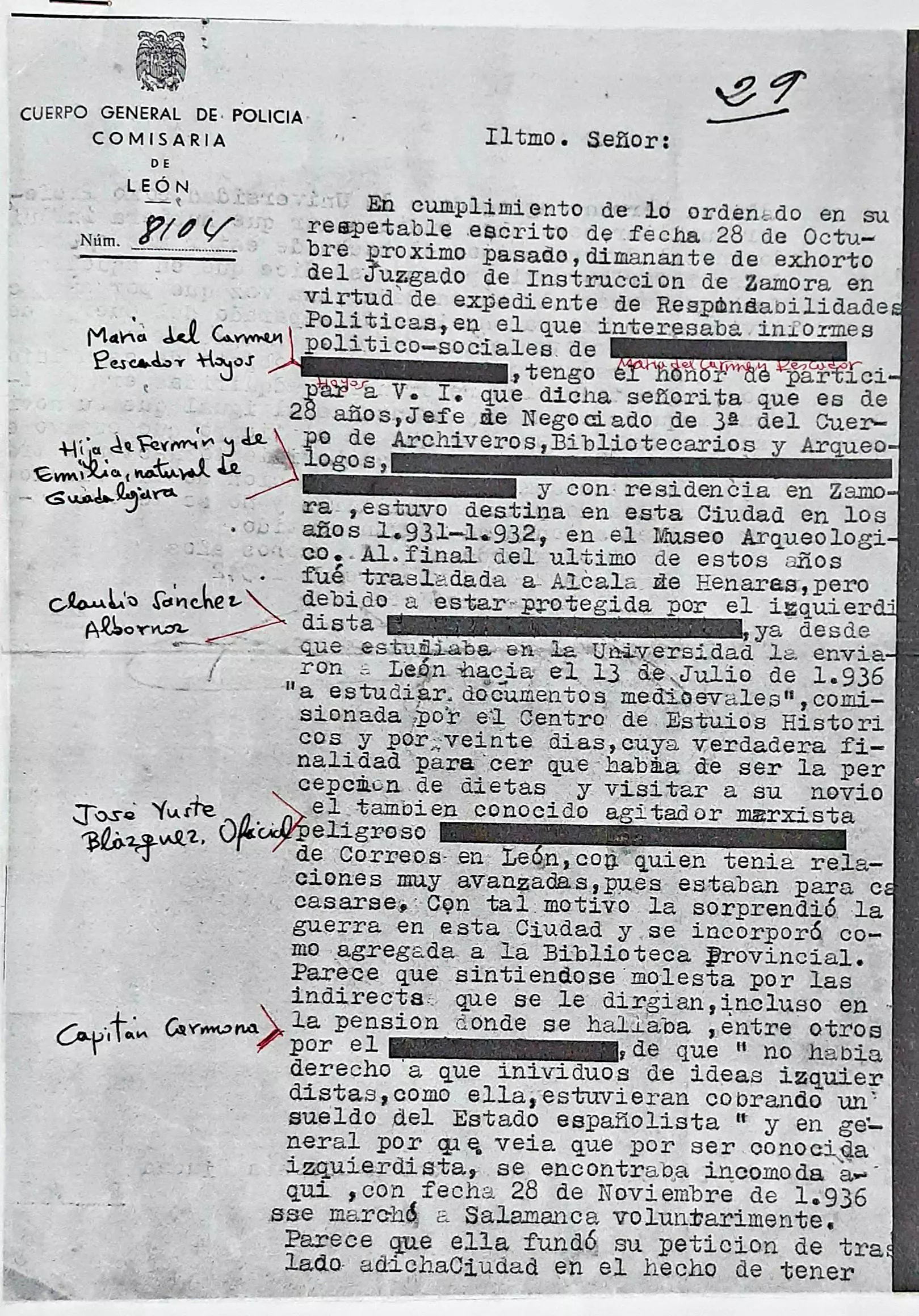 Documento del Expediente 4.138 de Responsabilidades Políticas contra Carmen Pescador del Hoyo.