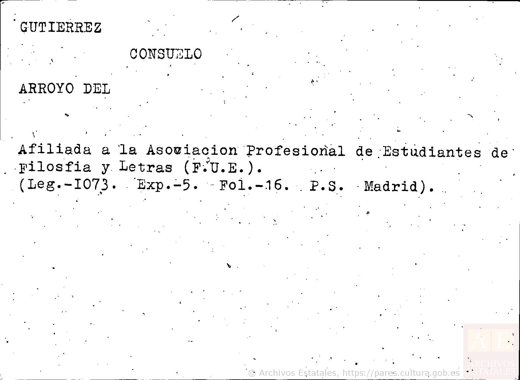 Ficha de Consuelo Gutiérrez del Arroyo. Centro Documental de la Memoria Histórica, DNSD-SECRETARÍA,FICHERO,30,G0309520