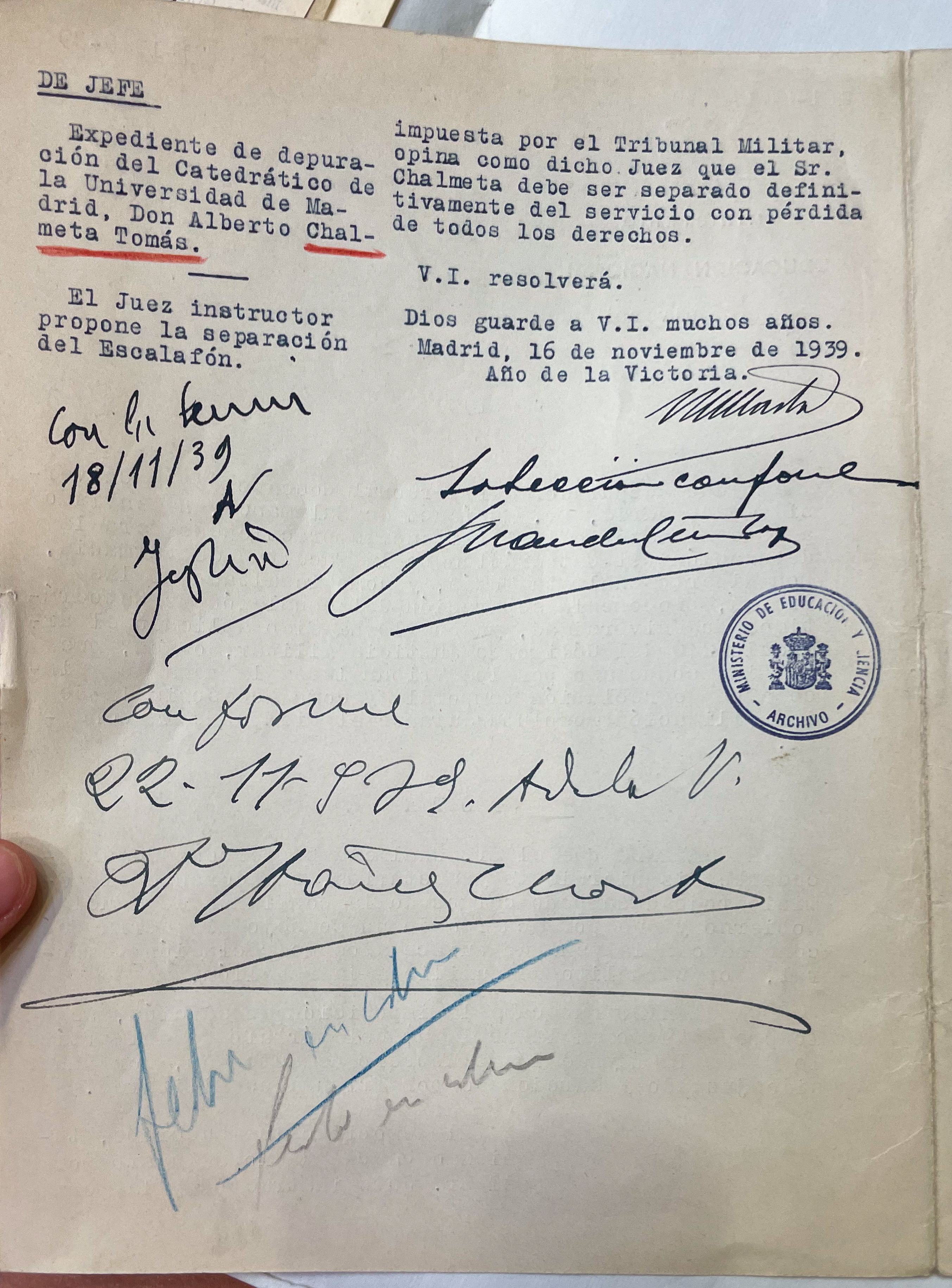 AGA, expedientes personales de catedráticos, 21/20523, expediente de Alberto Chalmeta y Tomás 31.019/155