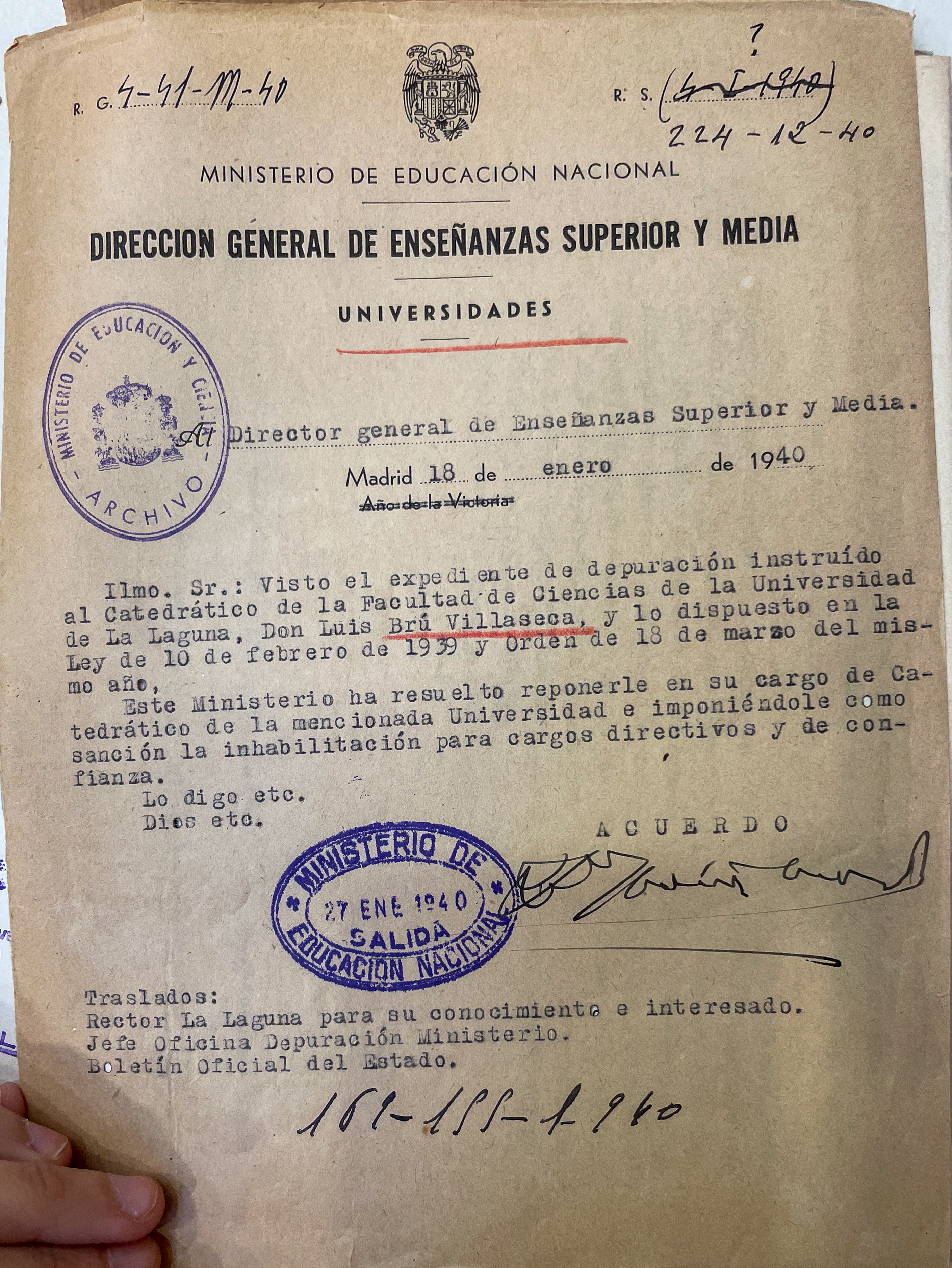 AGA, expedientes personales de catedráticos, 21/20521; expediente de Luis Bru, 31.018/144