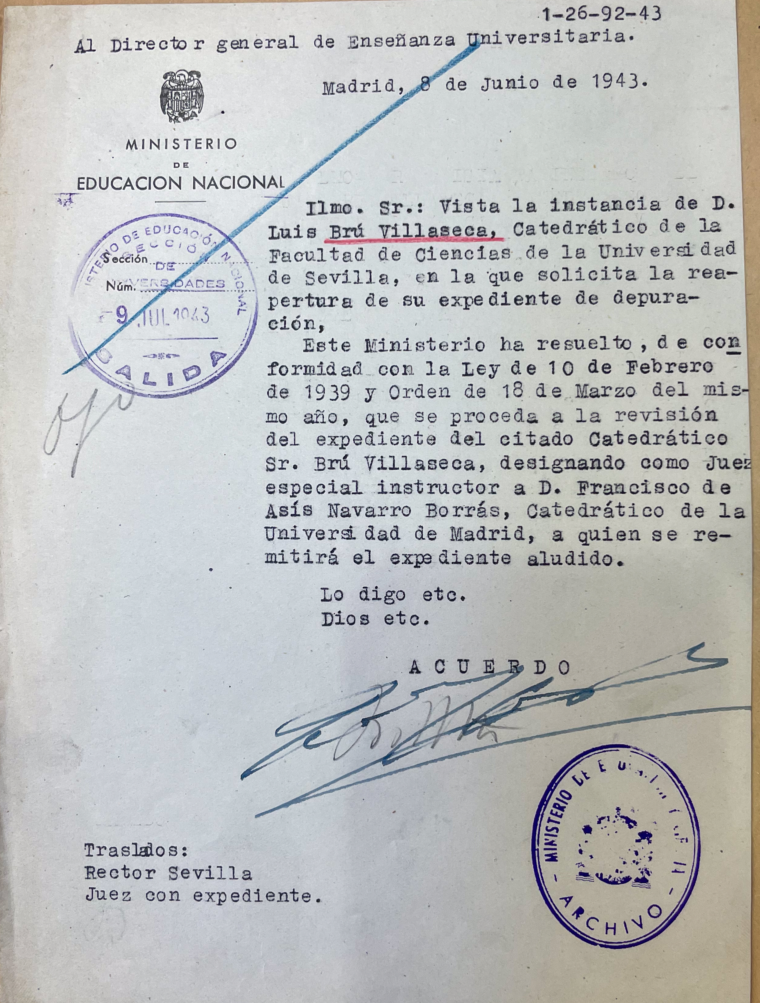 AGA, expedientes personales de catedráticos, 21/20521; expediente de Luis Bru, 31.018/144