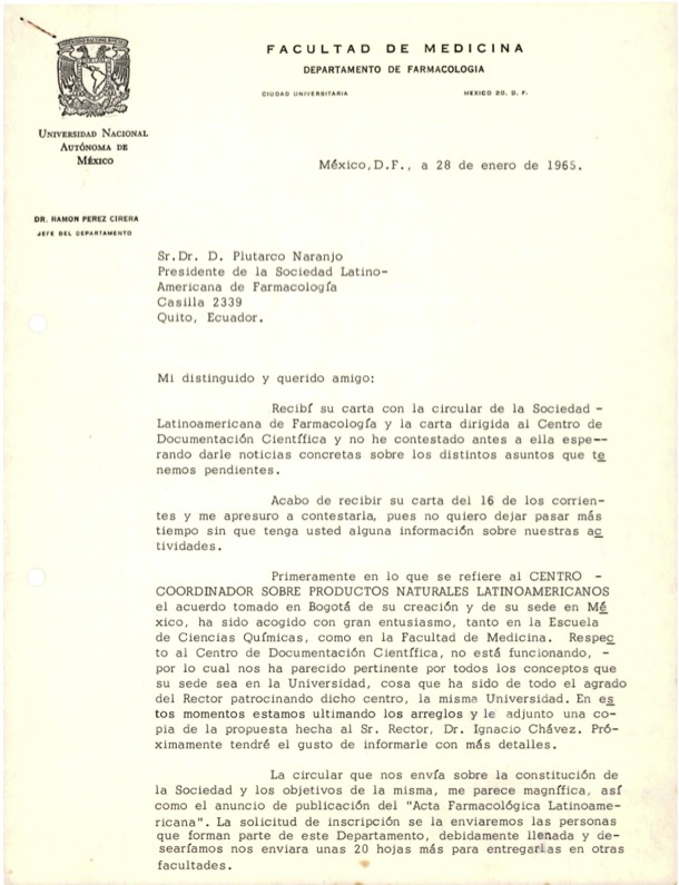Pérez Cirera, Ramón. “Correspondencia a Plutarco Naranjo.” 28 Jan. 1965. EC-A/UC-CDRJBV/PN-EB-2-3-6-d-j.