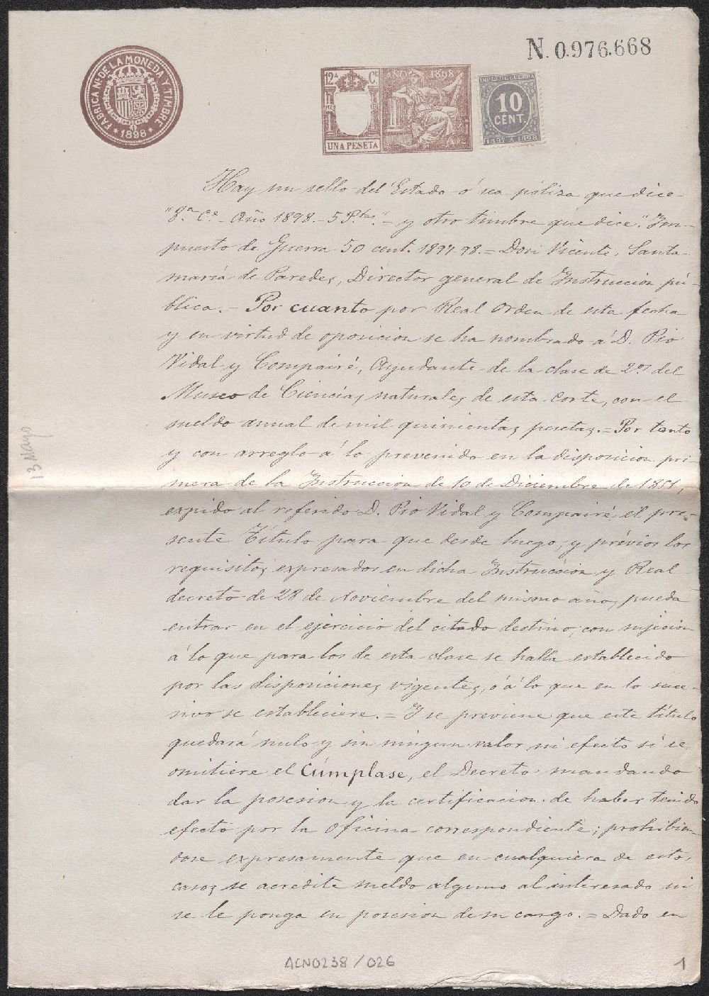 Museo Nacional de Ciencias Naturales (España). Vidal y Compairé, Pío: Expediente personal. 1898–1899. Fuente: Archivo del Museo Nacional de Ciencias Naturales, Madrid. ACN0238/026.