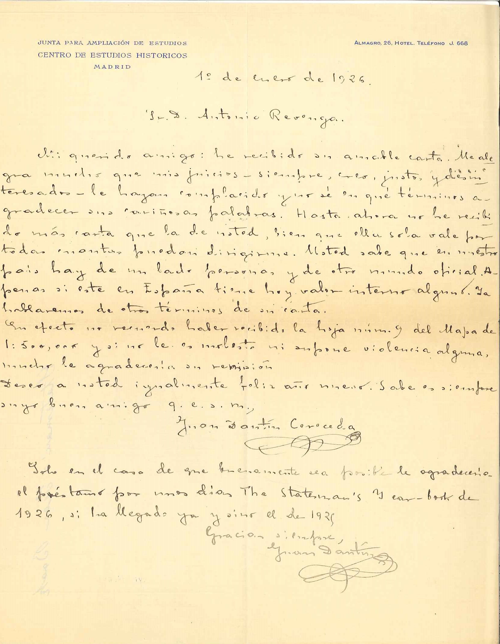 Universidad Complutense de Madrid, Archivo General de la Universidad Complutense de Madrid, Carta del profesor Juan Dantín Cereceda dirigida al ingeniero geógrafo Antonio Revenga, AGUCM 161/19-1. Memoria del Archivo UCM, consulta 17 de marzo de 2026, https://memoriadelarchivo.ucm.es/omeka/items/show/682.